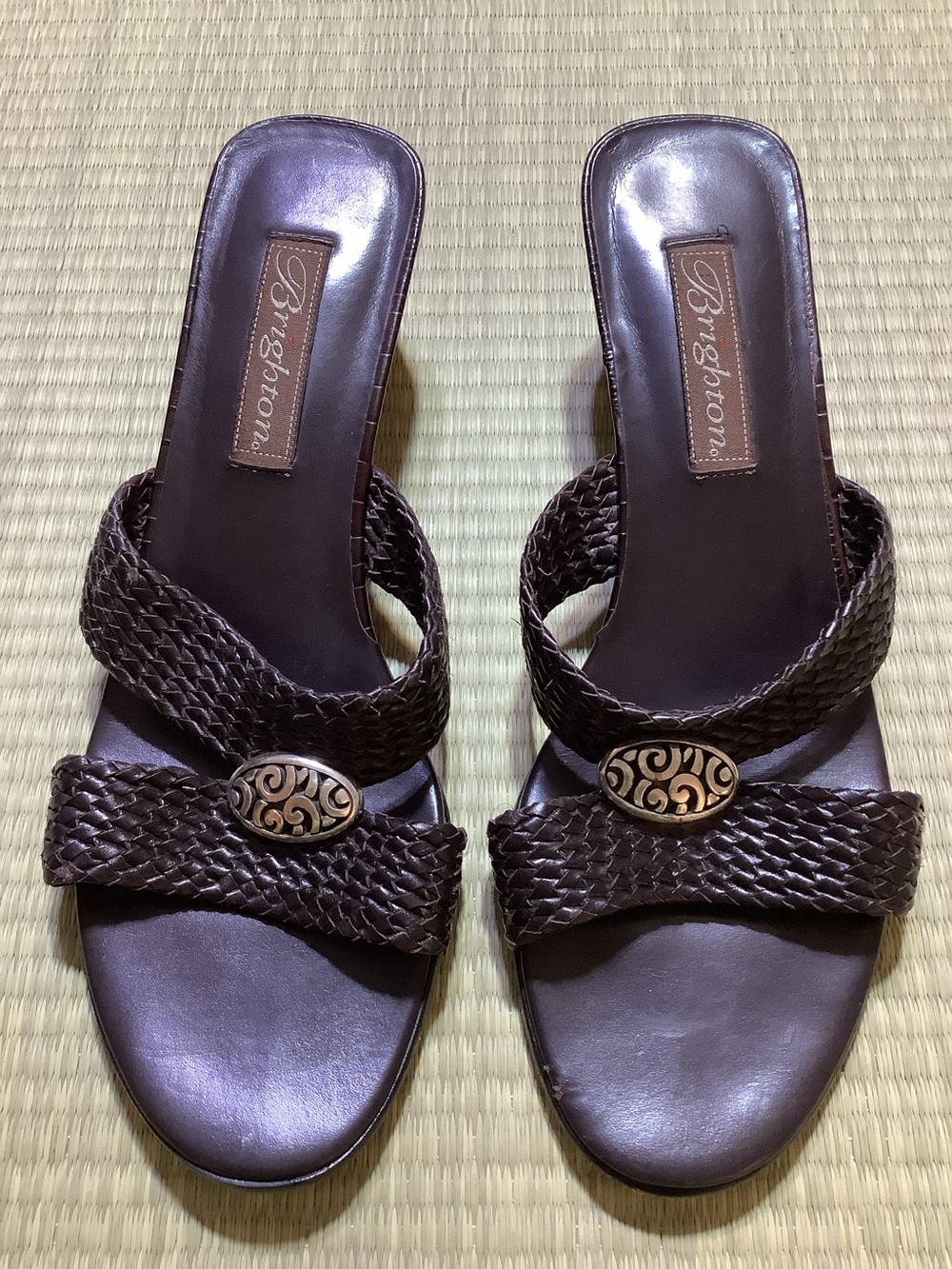 Brighton Dark Brown Braided Double Strap Slide Sandals Denise Croc Wedge Heels